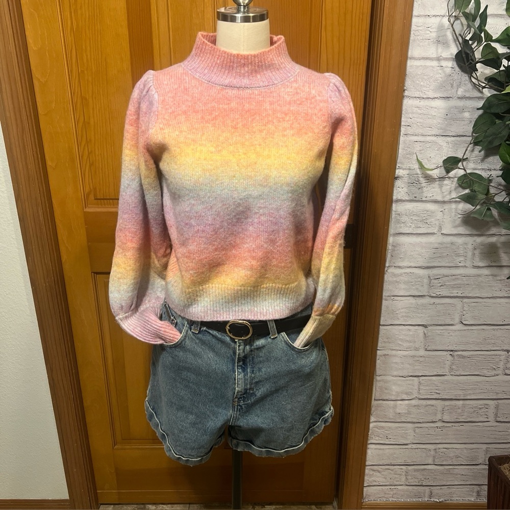 Fairycore 80’s Style Puff Sleeve Sweater l Mock Turtle Neck l Sm l Rainbow